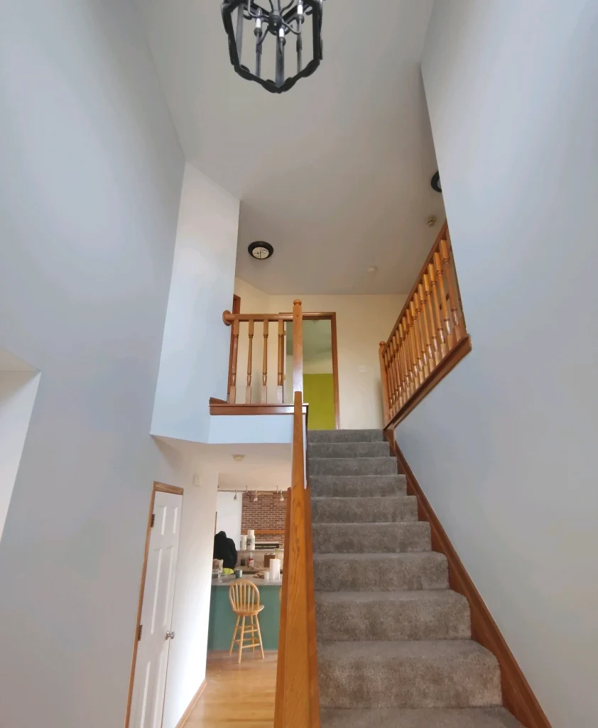A beige carpeted staircase with light wood banisters leads up to a second floor landing with white walls.